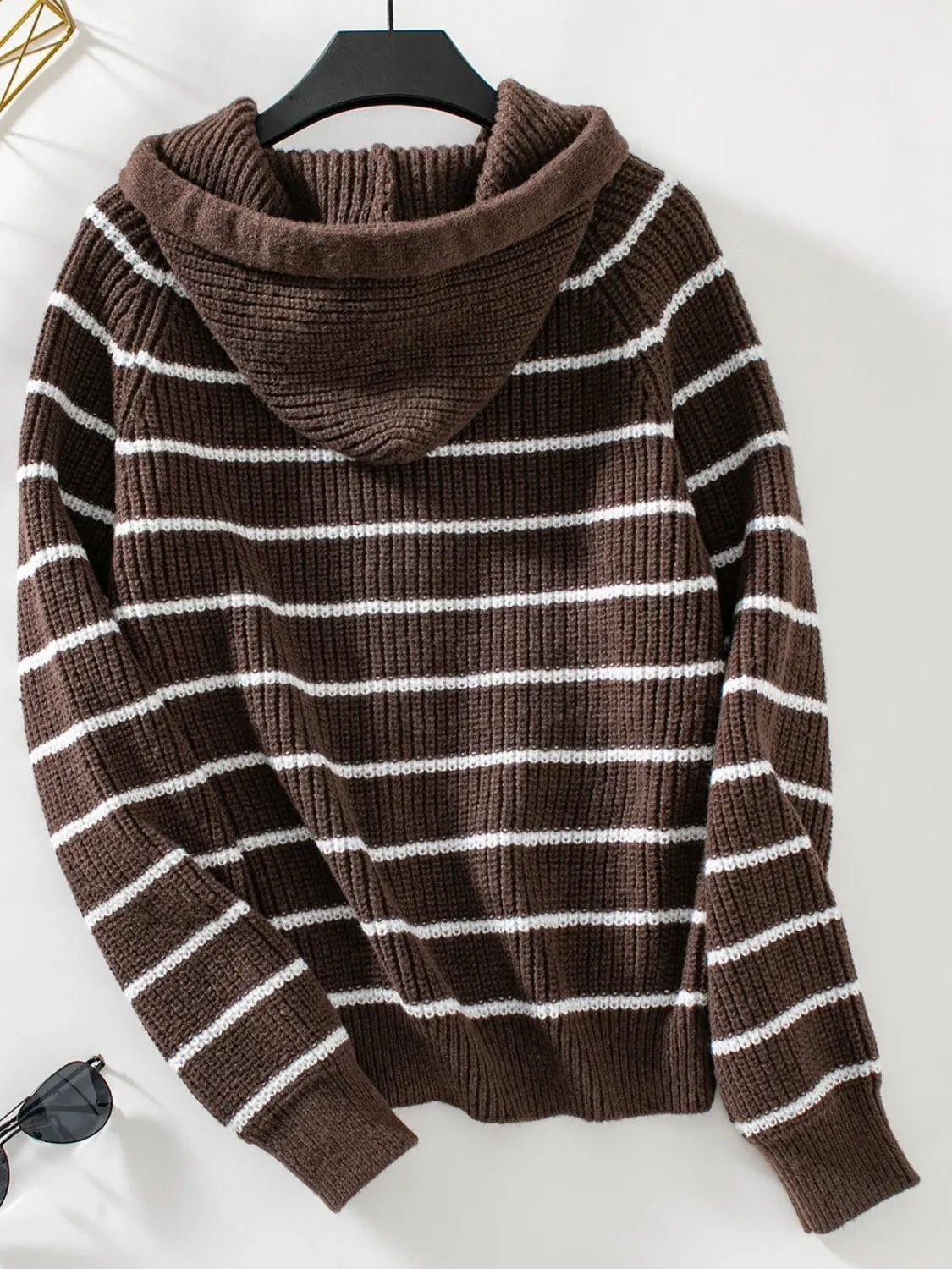 Striped Button Up Long Sleeve Hooded Cardigan - GlossiChic Collection White / S GlossiChic Collection Blazer & Cardigan
