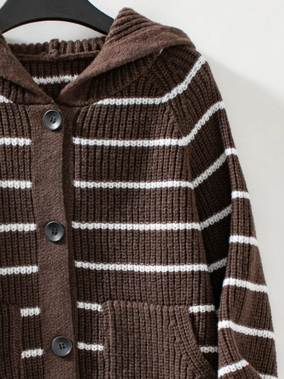 Striped Button Up Long Sleeve Hooded Cardigan - GlossiChic Collection White / S GlossiChic Collection Blazer & Cardigan