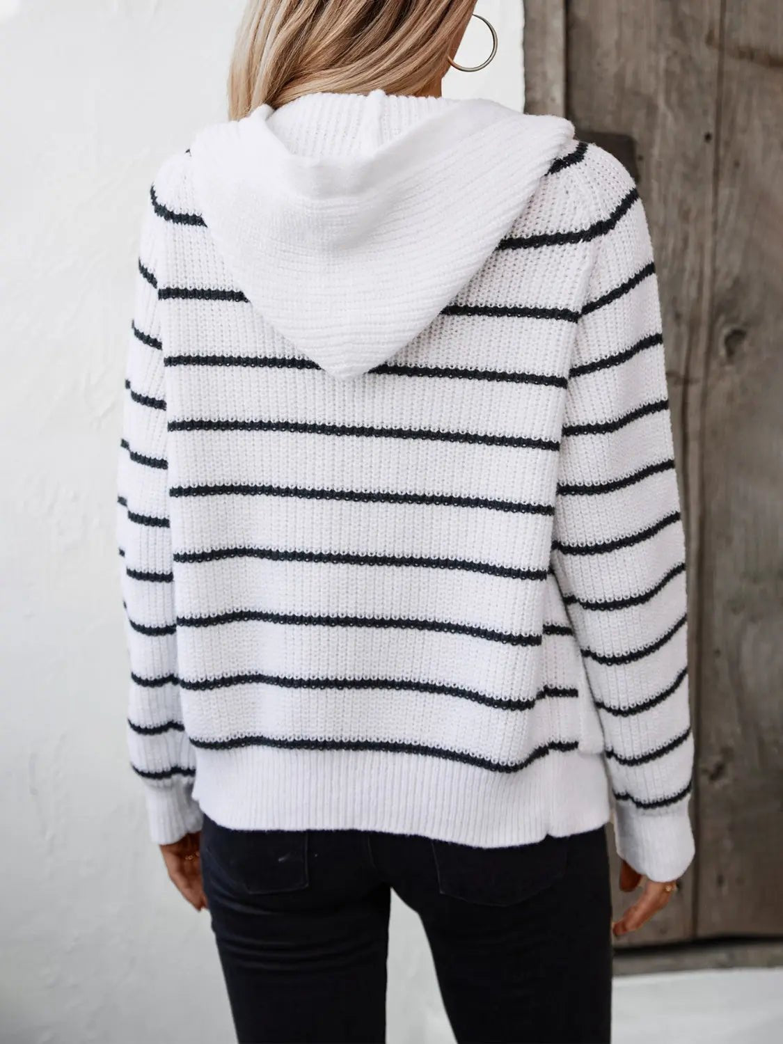 Striped Button Up Long Sleeve Hooded Cardigan - GlossiChic Collection White / S GlossiChic Collection Blazer & Cardigan