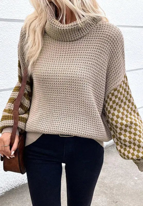 Striped & Checkered Turtleneck Dropped Shoulder Sweater - GlossiChic CollectionSweaters