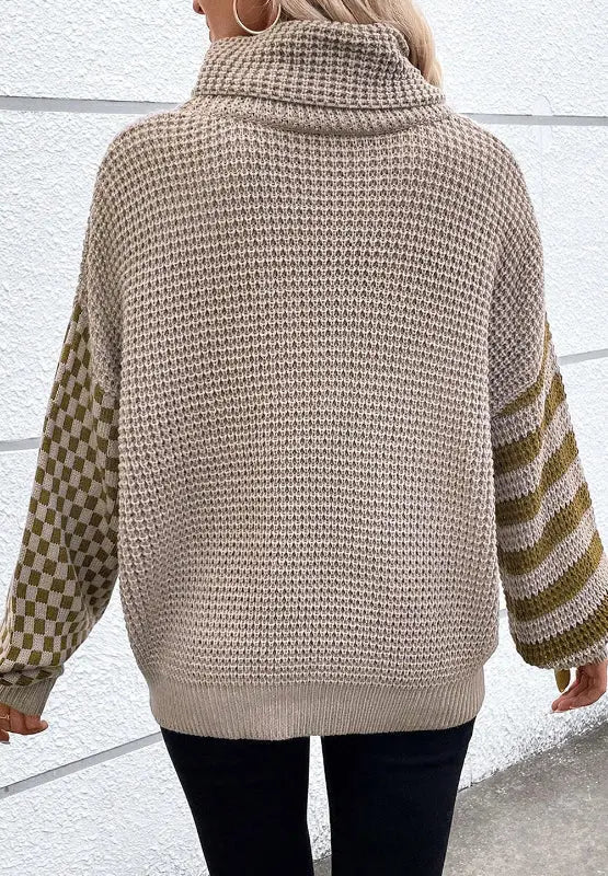 Striped & Checkered Turtleneck Dropped Shoulder Sweater - GlossiChic CollectionSweaters