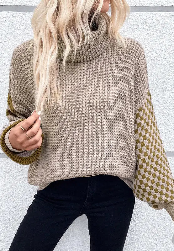 Striped & Checkered Turtleneck Dropped Shoulder Sweater - GlossiChic CollectionSweaters