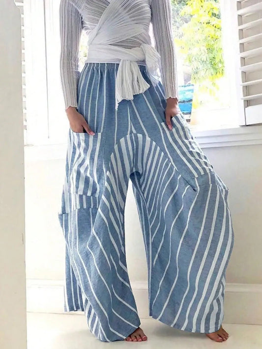Striped Elastic Waist Wide Leg Pants - GlossiChic CollectionJeans, Pants, & Shorts