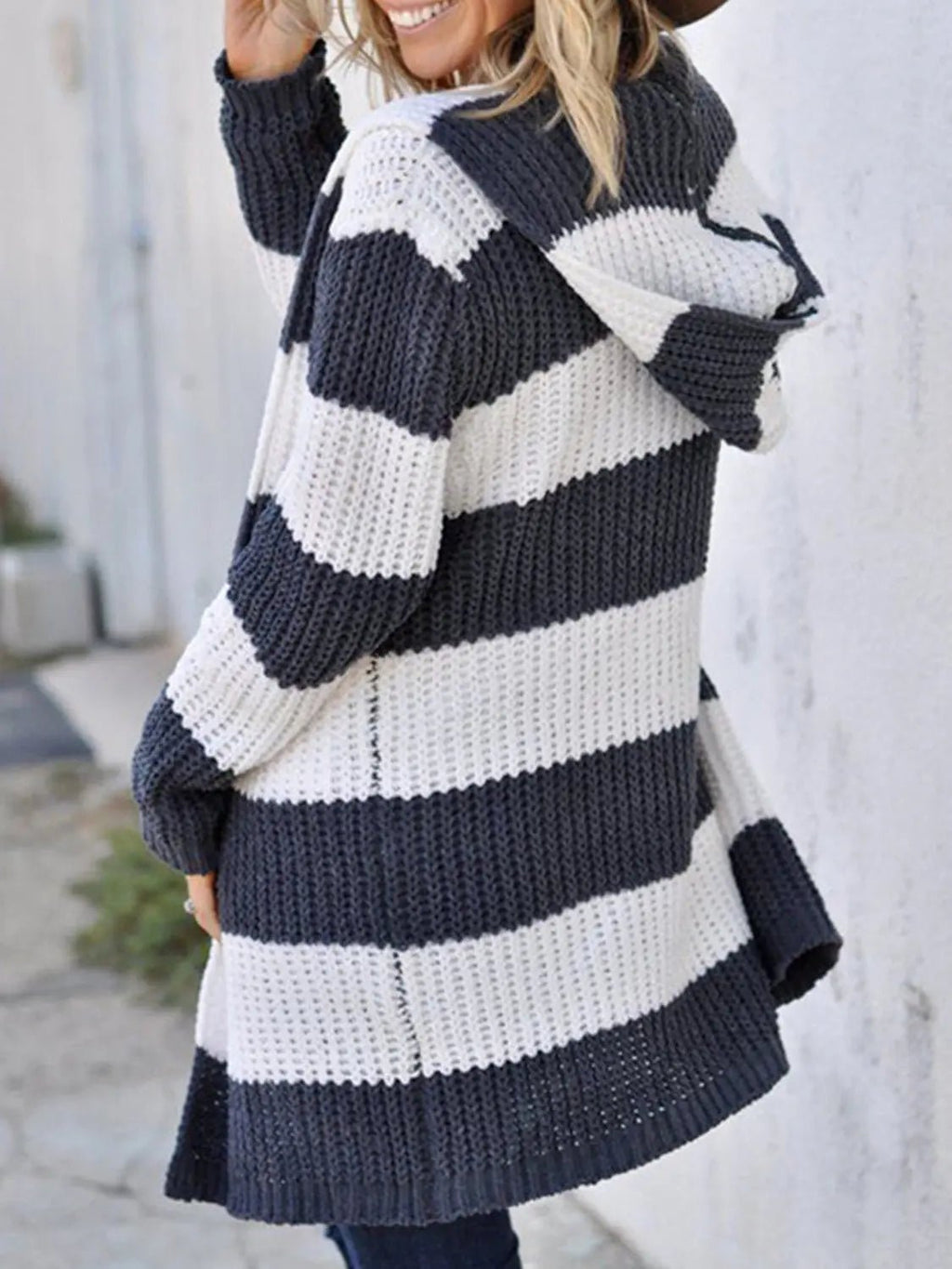 Striped Open Front Hooded Cardigan - GlossiChic Collection White / S GlossiChic Collection Blazer & Cardigan