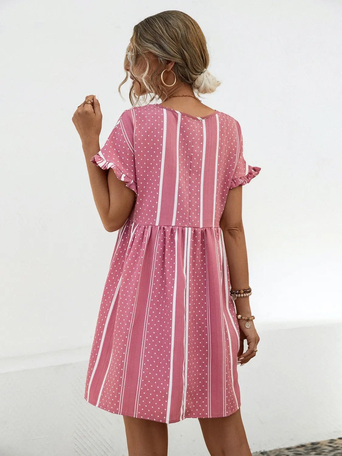 Striped Polka Dot Frill Short Sleeve Mini Dress - GlossiChic CollectionDresses