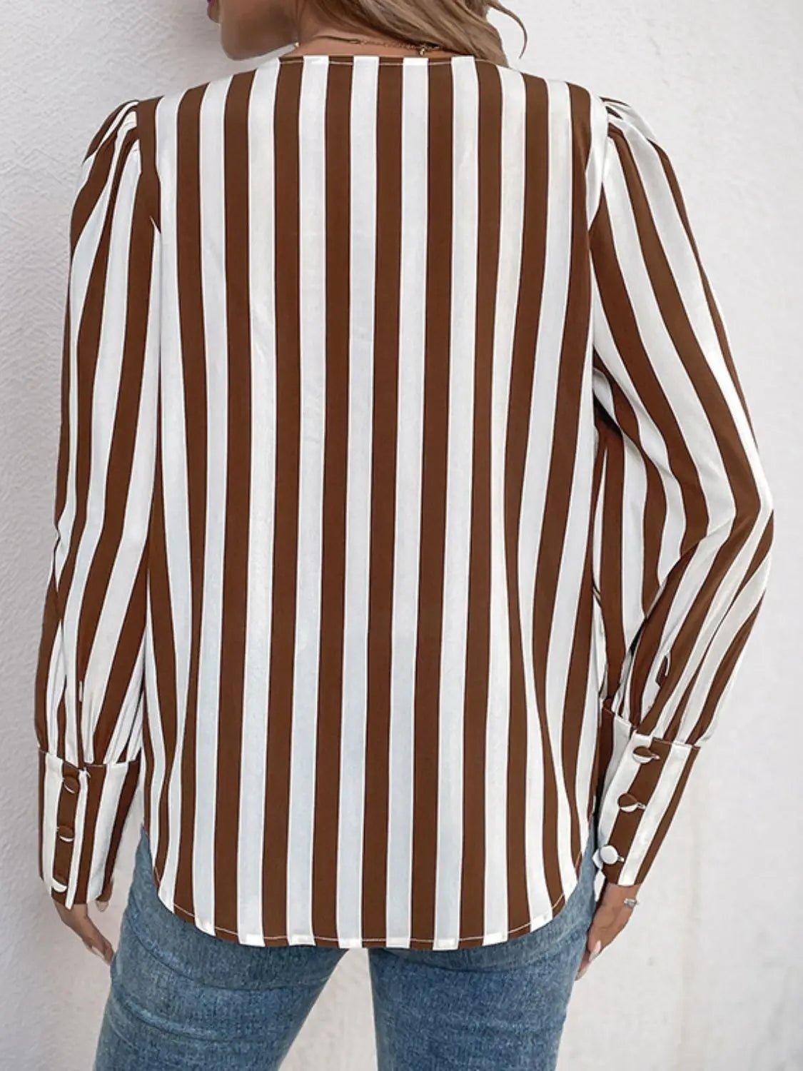 Striped Round Neck Long Sleeve Blouse - GlossiChic Collection Brown / S GlossiChic Collection Shirts & Tops