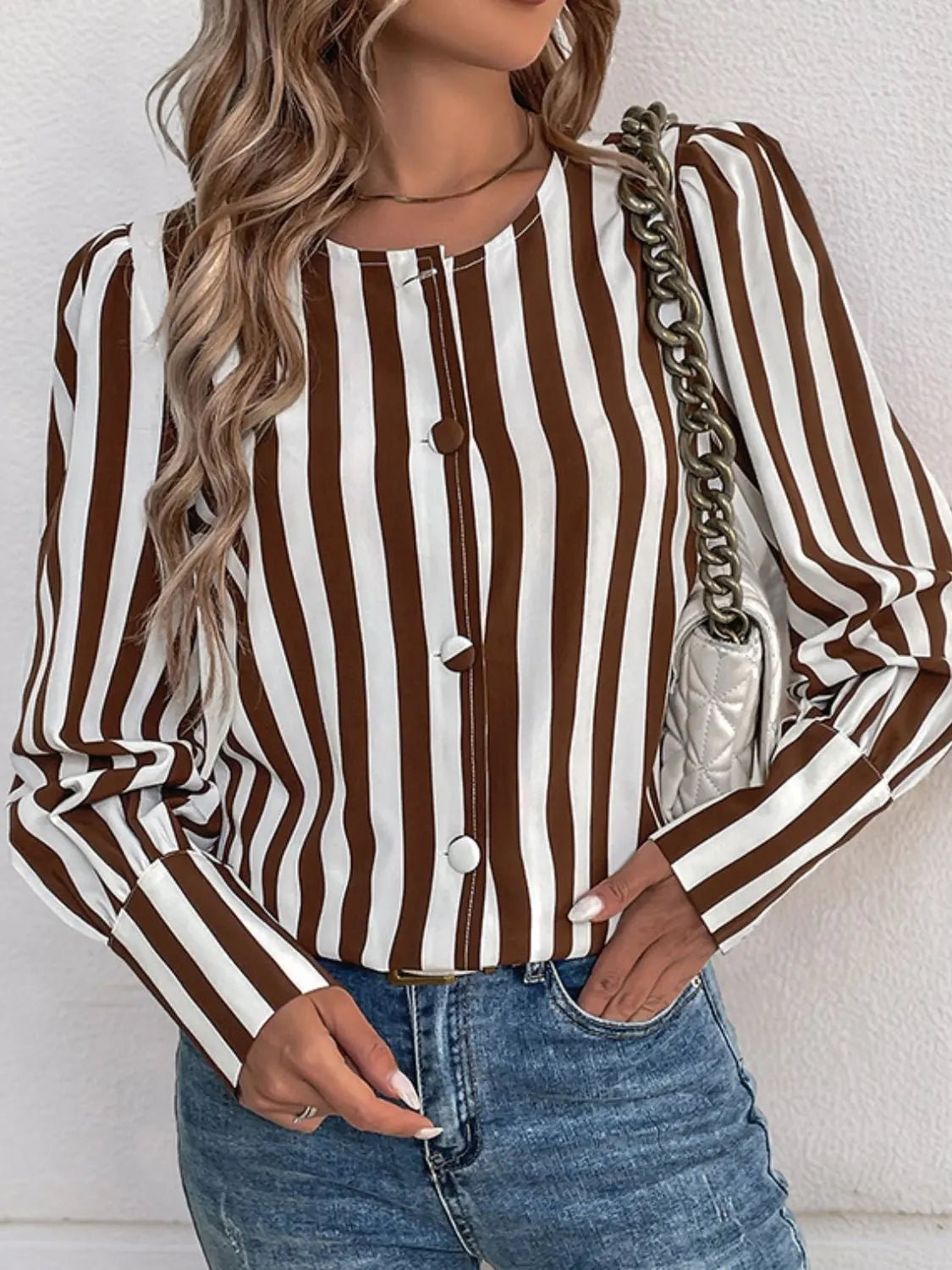 Striped Round Neck Long Sleeve Blouse - GlossiChic Collection Brown / S GlossiChic Collection Shirts & Tops