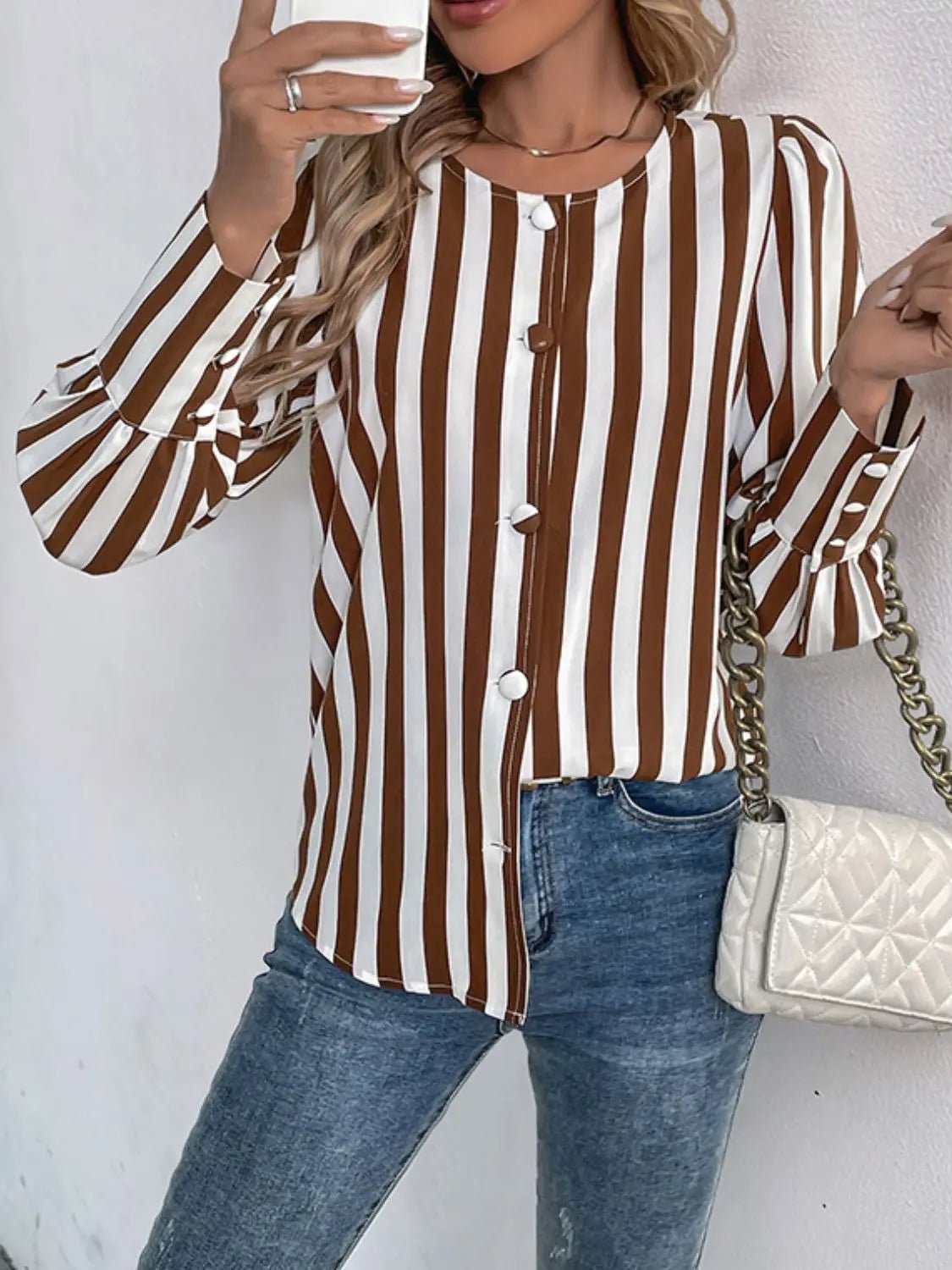 Striped Round Neck Long Sleeve Blouse - GlossiChic CollectionShirts & Tops