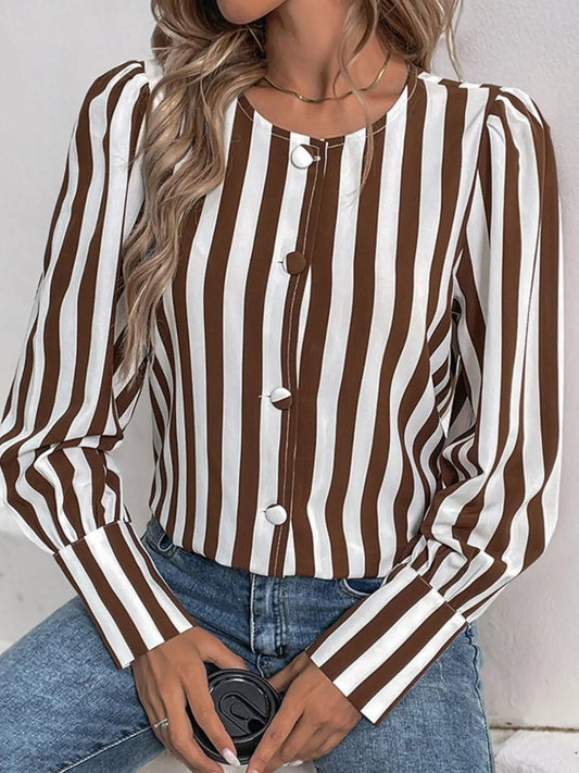 Striped Round Neck Long Sleeve Blouse - GlossiChic CollectionShirts & Tops
