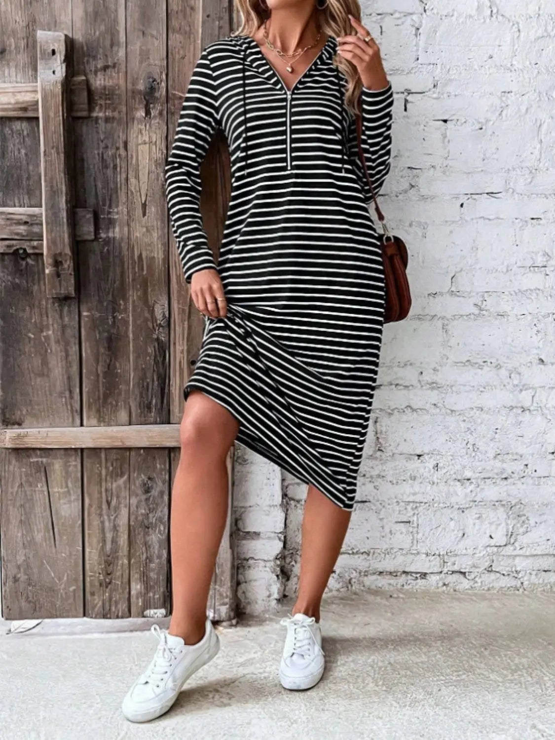 Striped Zip Front Hooded Dress - GlossiChic CollectionDresses