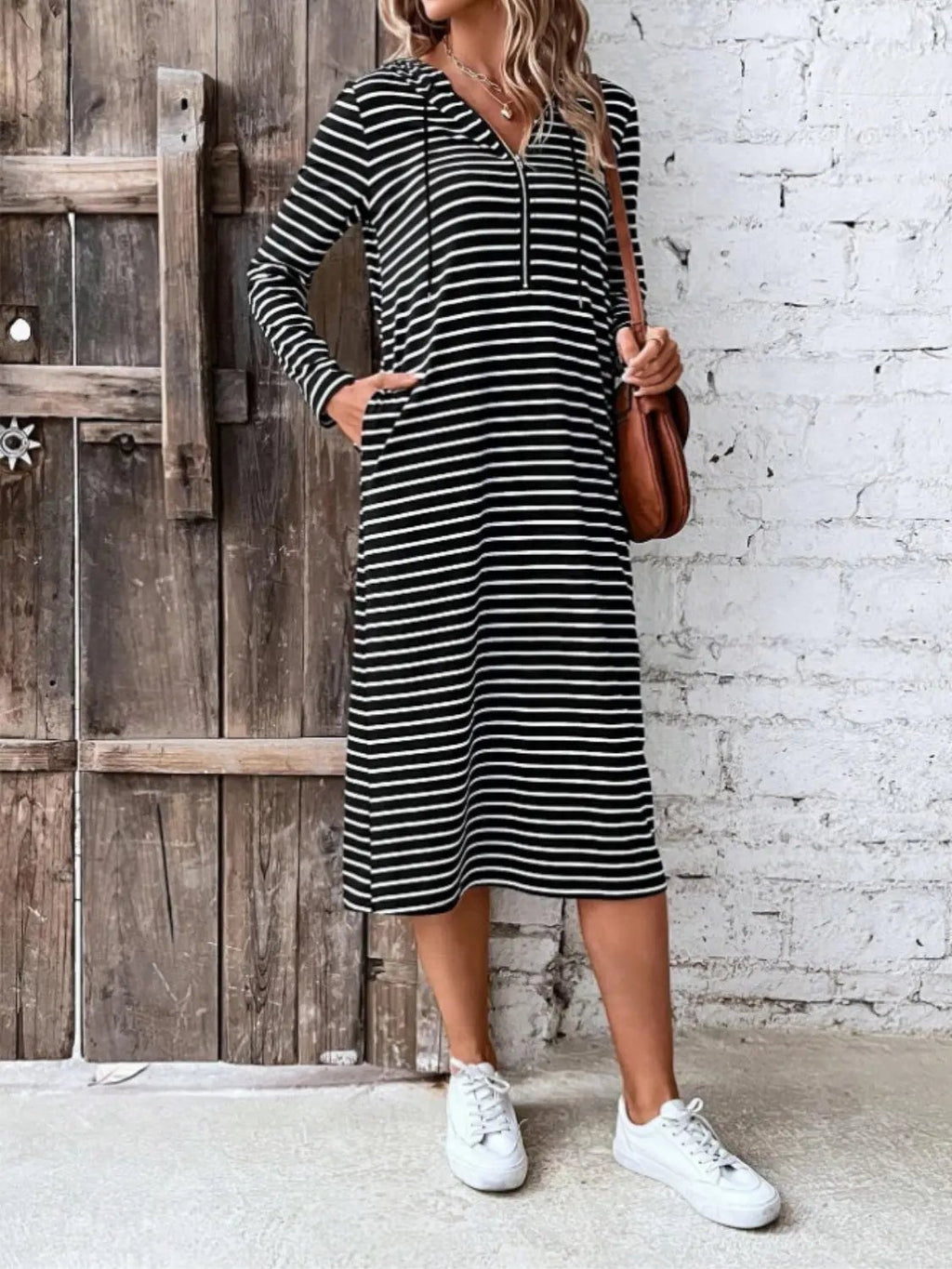 Striped Zip Front Hooded Dress - GlossiChic CollectionDresses