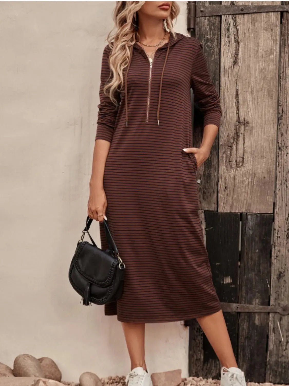 Striped Zip Front Hooded Dress - GlossiChic CollectionDresses