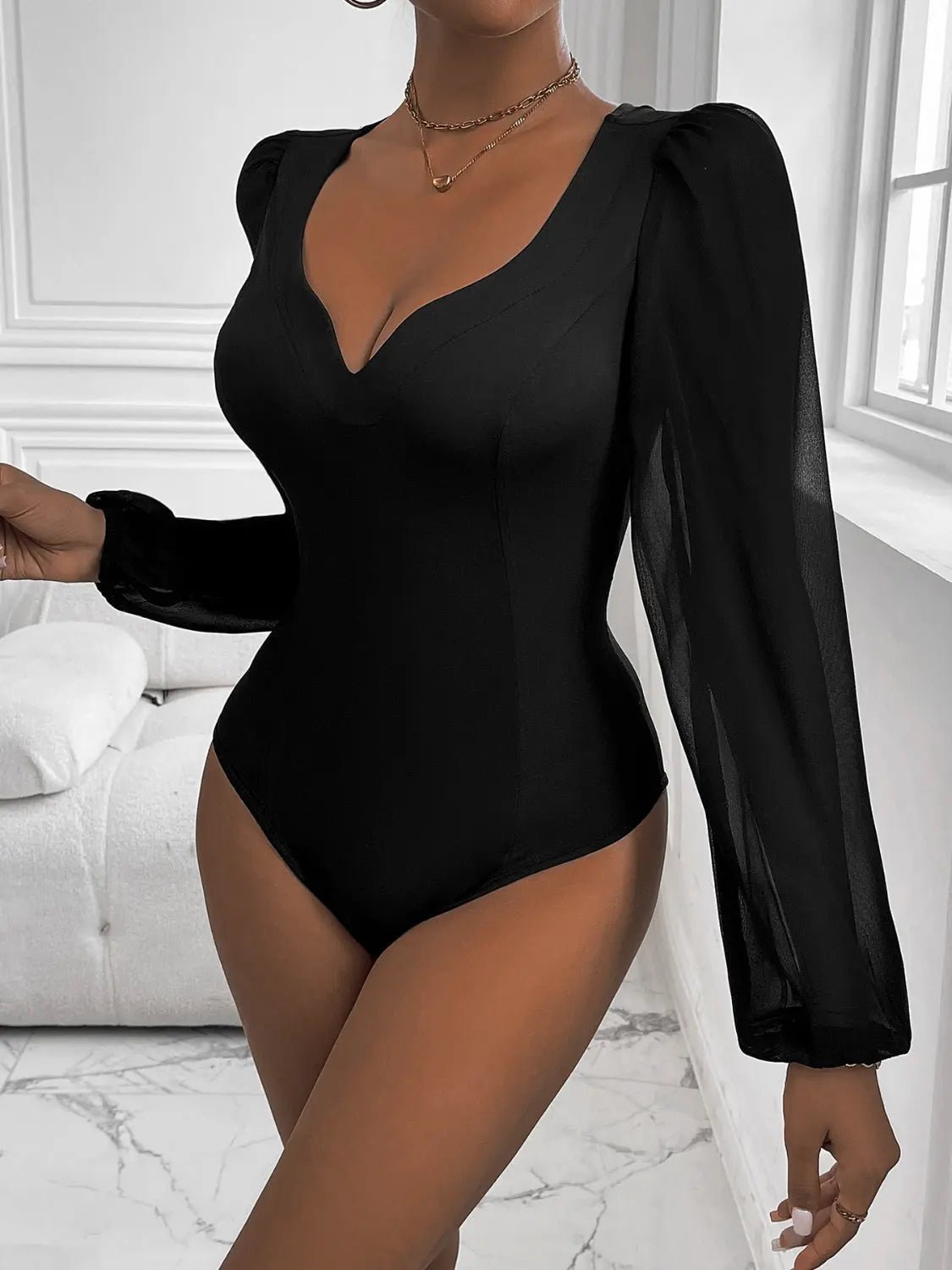 Sweetheart Neck Long Sleeve Bodysuit - GlossiChic Collection Black / S GlossiChic Collection Bodysuits