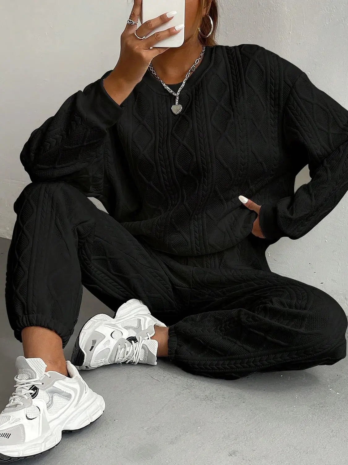 Texture Round Neck Top and Pants Set - GlossiChic CollectionOutfit Sets