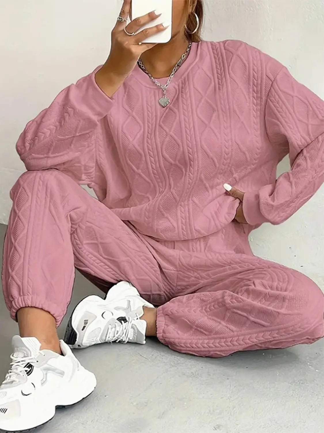 Texture Round Neck Top and Pants Set - GlossiChic CollectionOutfit Sets