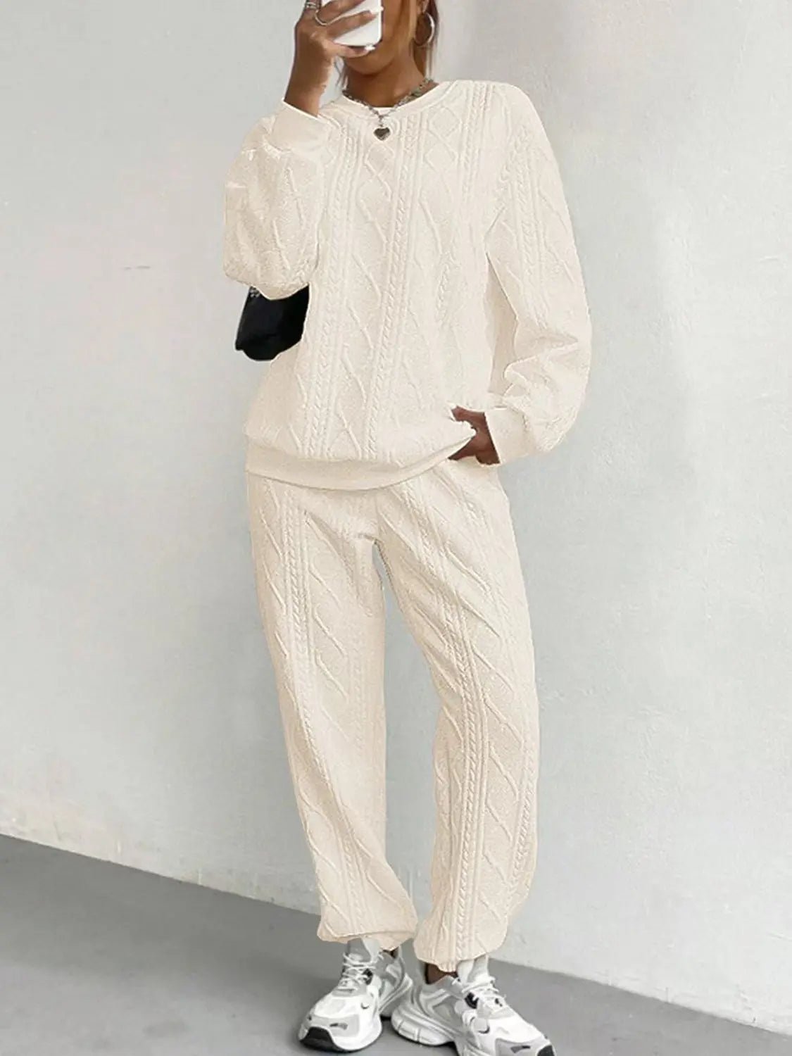 Texture Round Neck Top and Pants Set - GlossiChic CollectionOutfit Sets