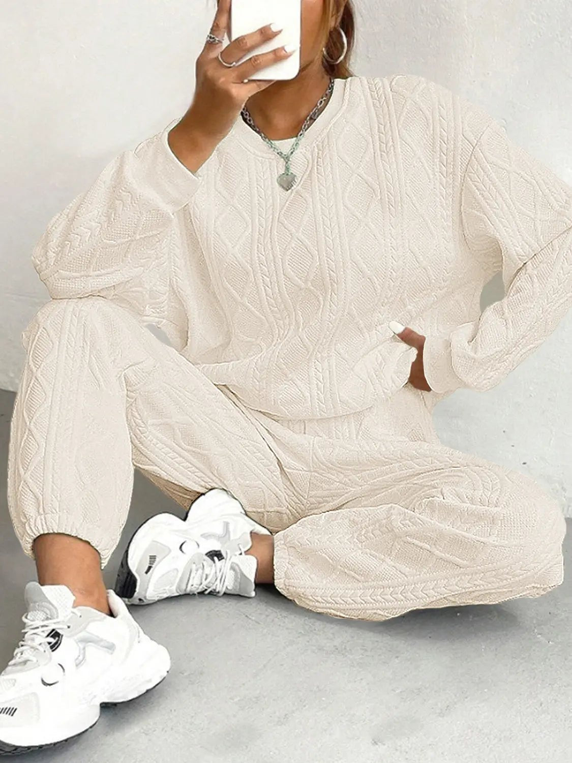 Texture Round Neck Top and Pants Set - GlossiChic CollectionOutfit Sets