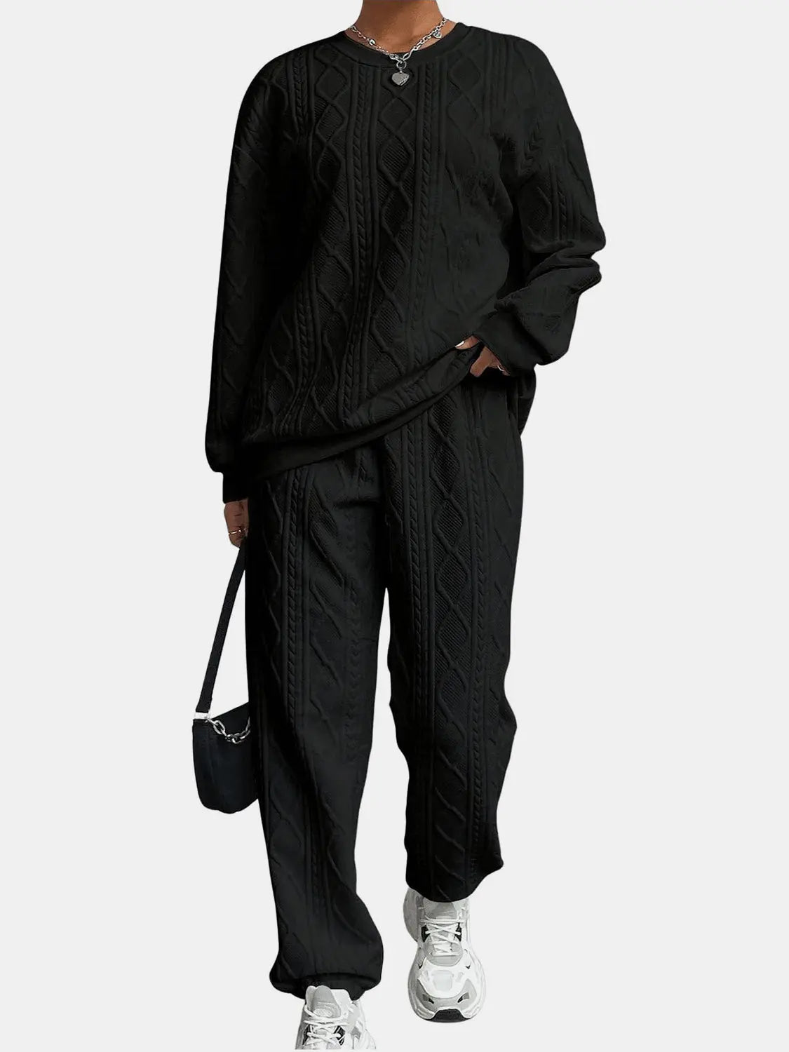 Texture Round Neck Top and Pants Set - GlossiChic CollectionOutfit Sets