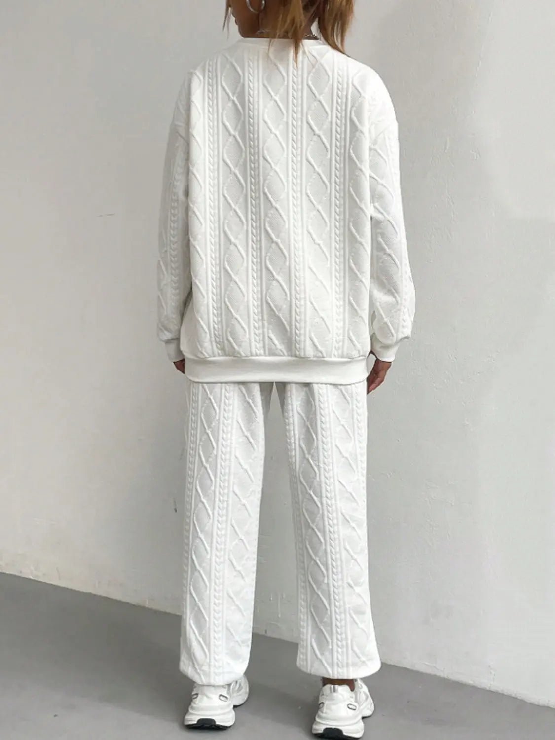 Texture Round Neck Top and Pants Set - GlossiChic CollectionOutfit Sets