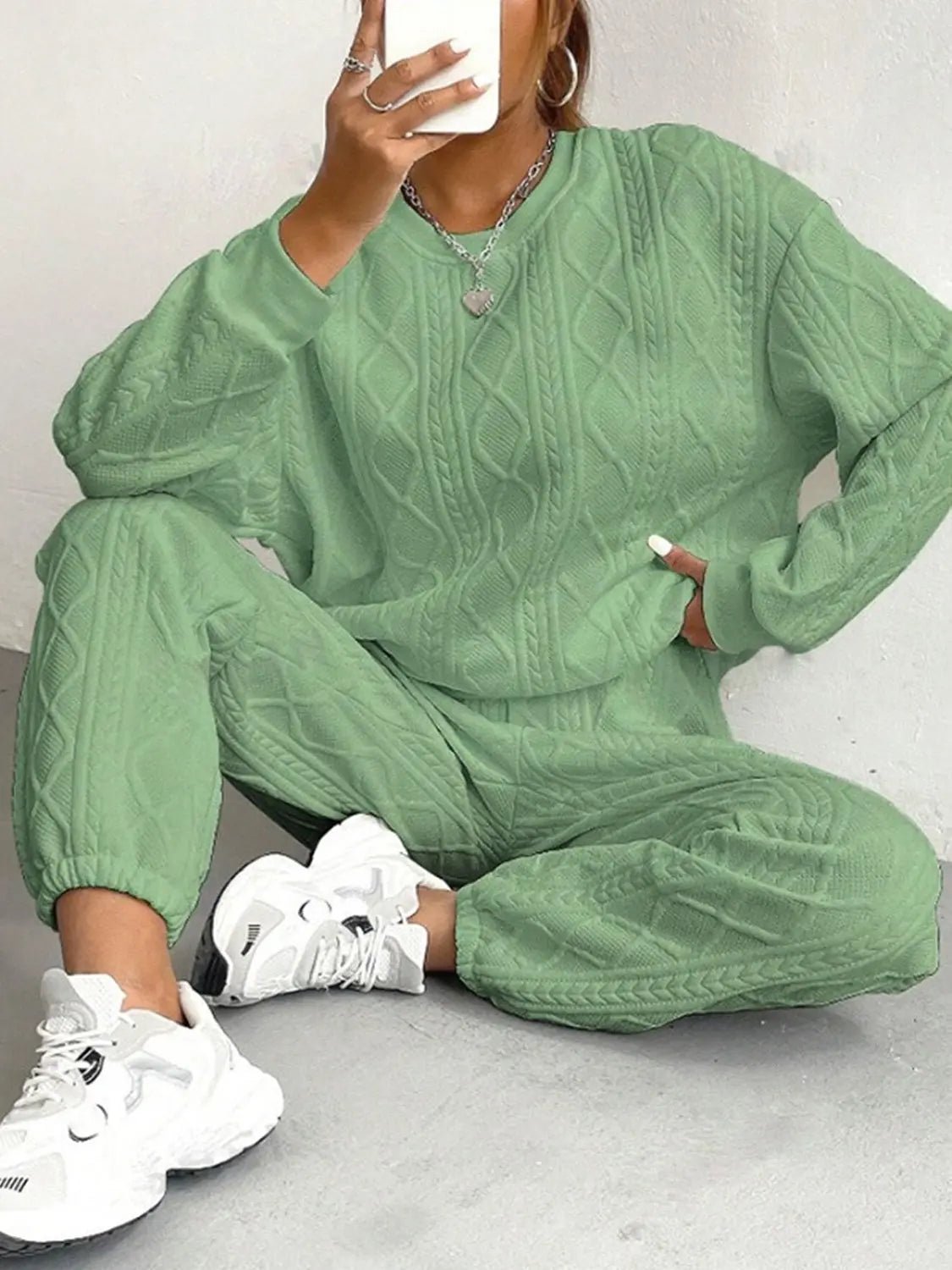Texture Round Neck Top and Pants Set - GlossiChic CollectionOutfit Sets
