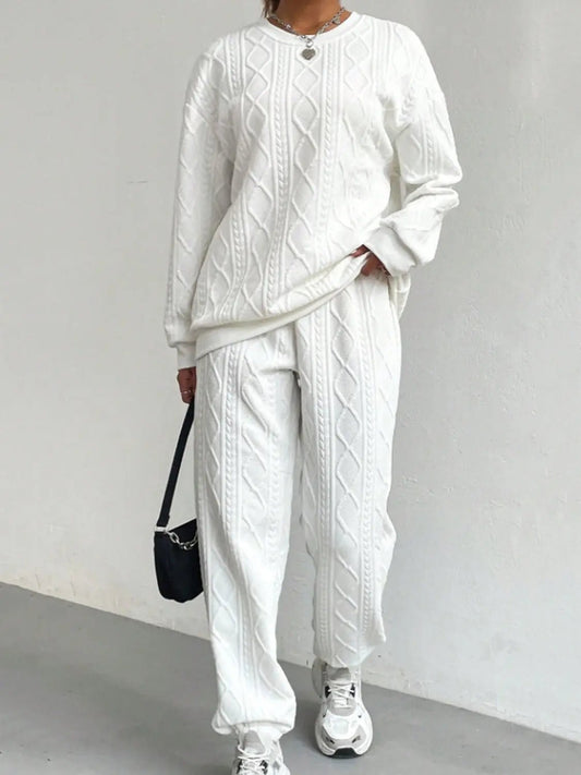 Texture Round Neck Top and Pants Set - GlossiChic CollectionOutfit Sets