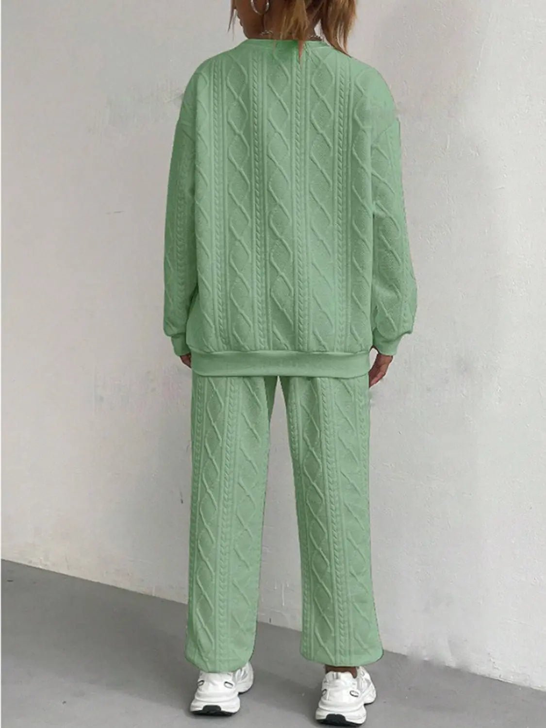Texture Round Neck Top and Pants Set - GlossiChic CollectionOutfit Sets