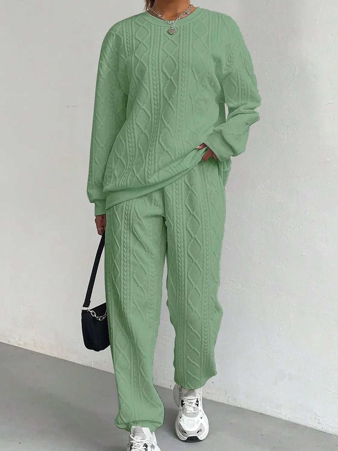 Texture Round Neck Top and Pants Set - GlossiChic CollectionOutfit Sets