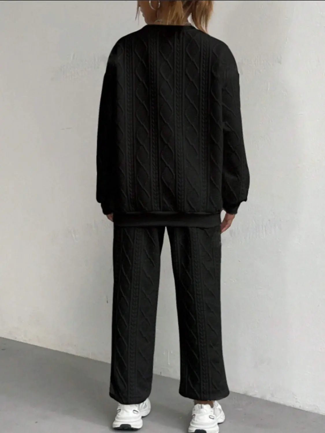Texture Round Neck Top and Pants Set - GlossiChic CollectionOutfit Sets