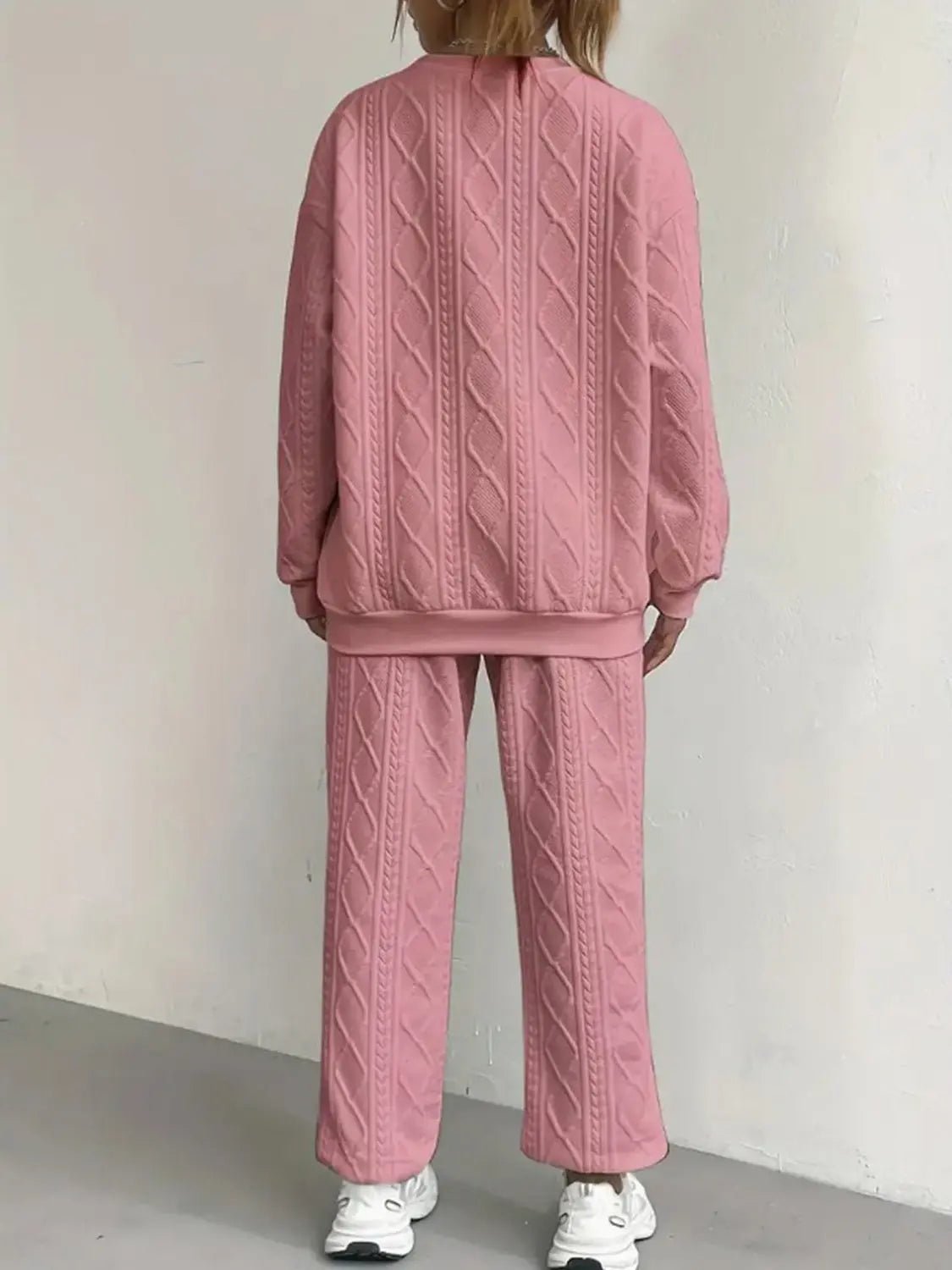 Texture Round Neck Top and Pants Set - GlossiChic CollectionOutfit Sets