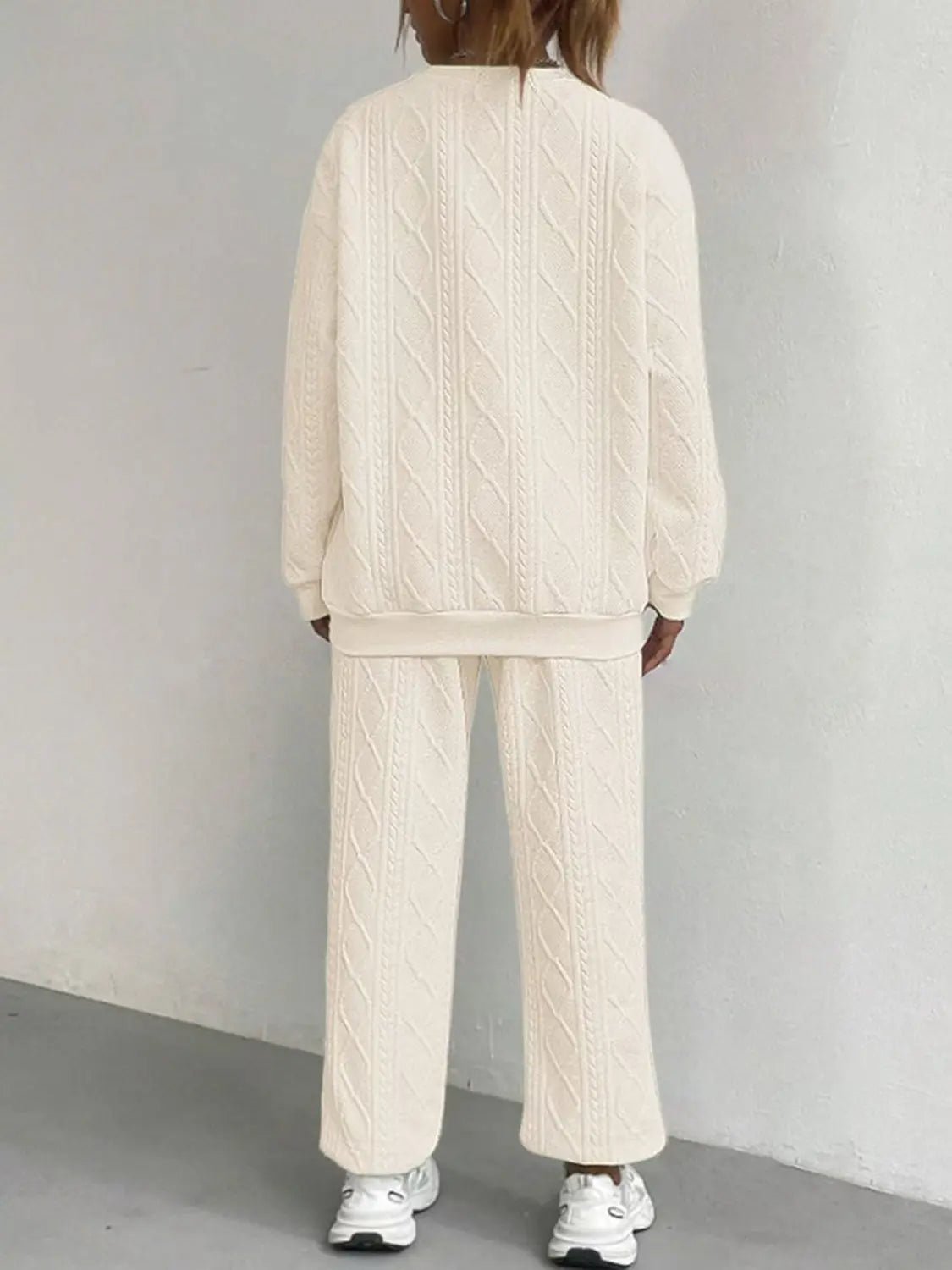 Texture Round Neck Top and Pants Set - GlossiChic CollectionOutfit Sets