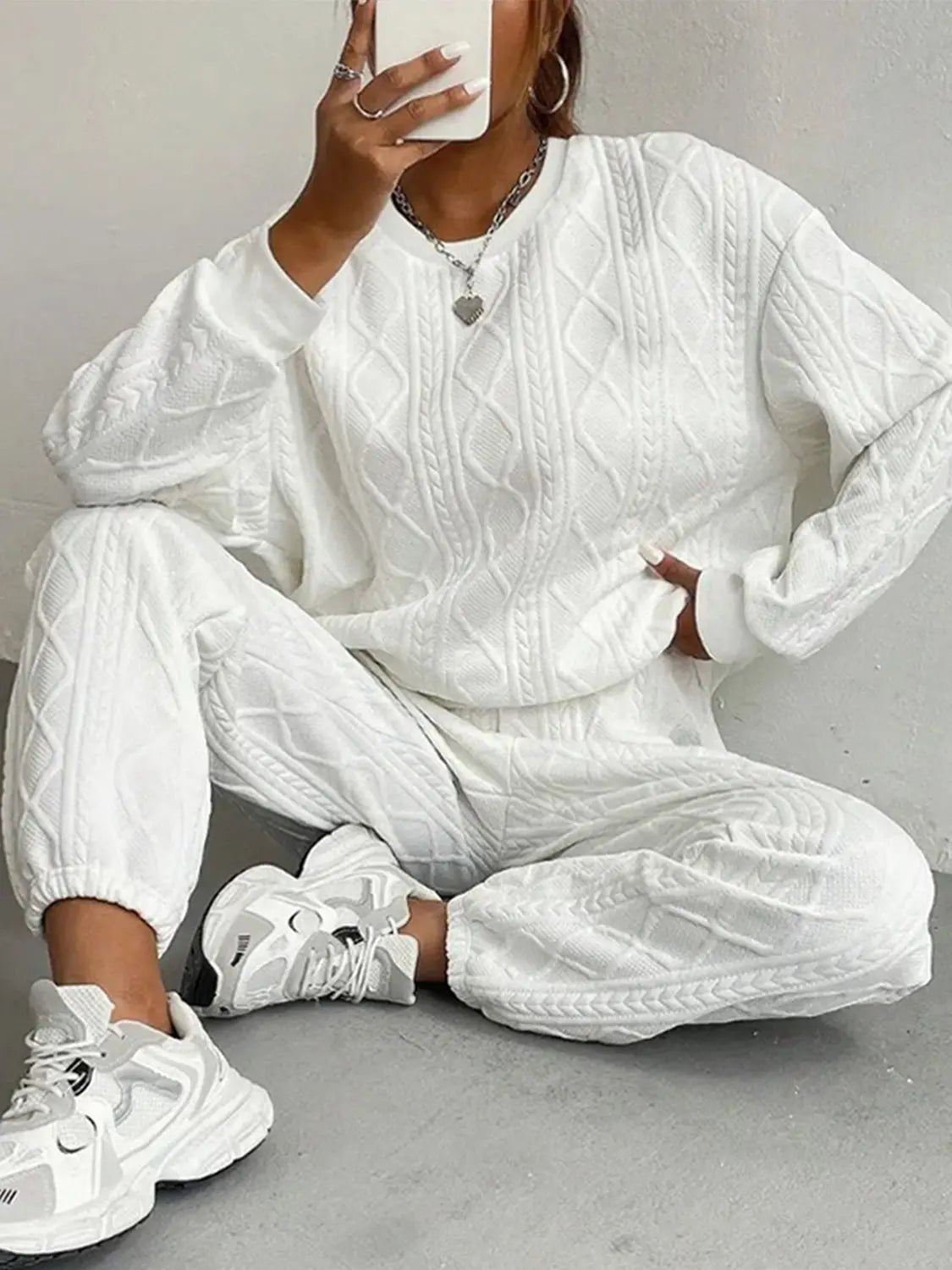 Texture Round Neck Top and Pants Set - GlossiChic CollectionOutfit Sets
