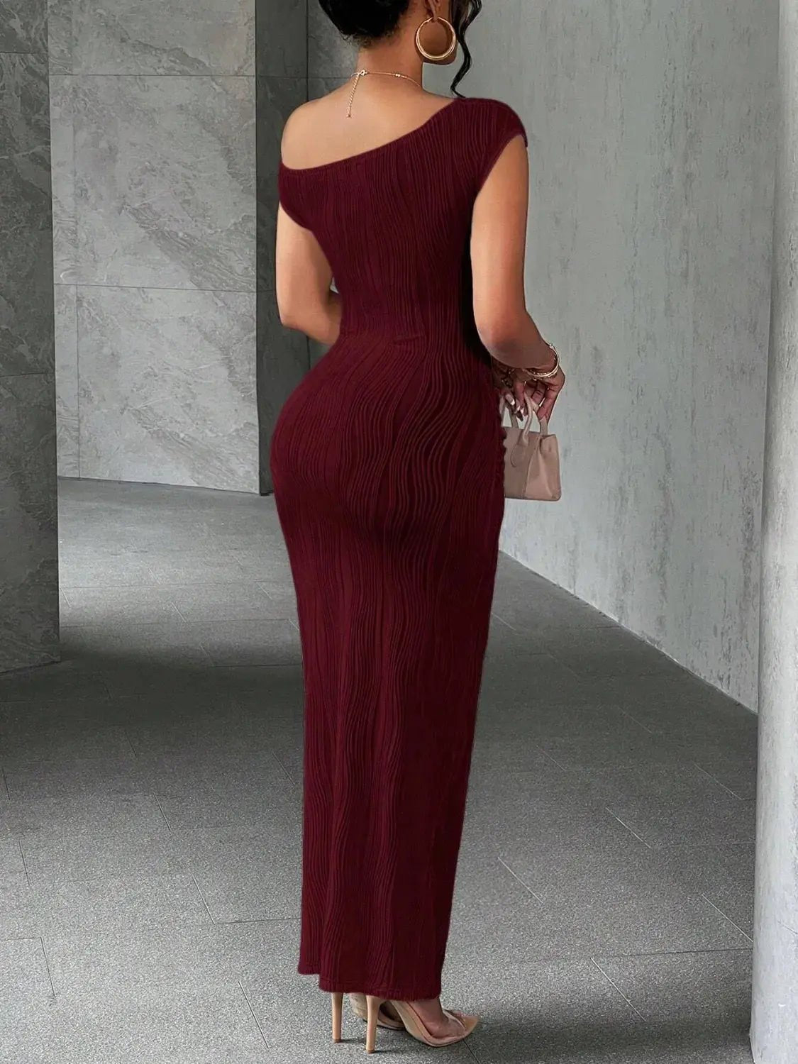 Textured Single Shoulder Maxi Dress - GlossiChic CollectionDresses