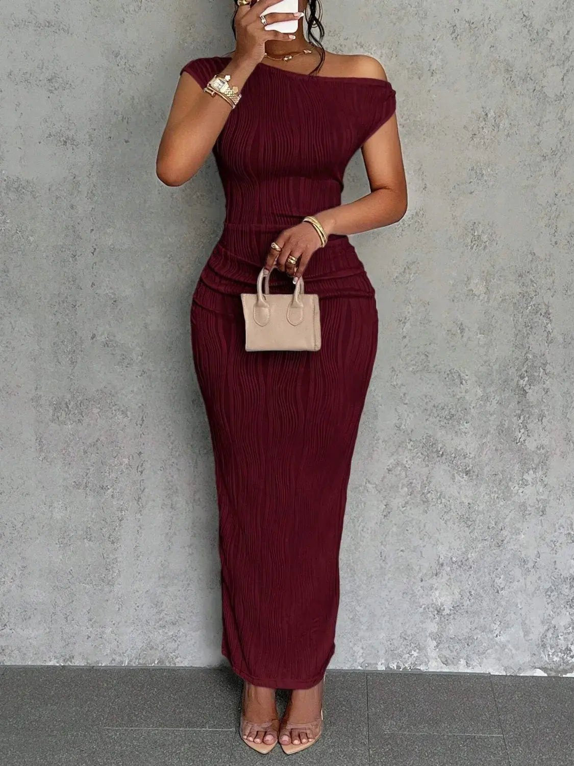 Textured Single Shoulder Maxi Dress - GlossiChic CollectionDresses