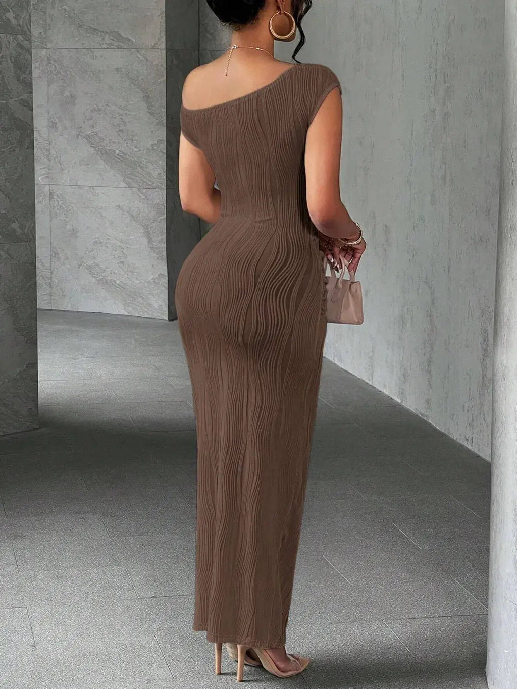 Textured Single Shoulder Maxi Dress - GlossiChic CollectionDresses