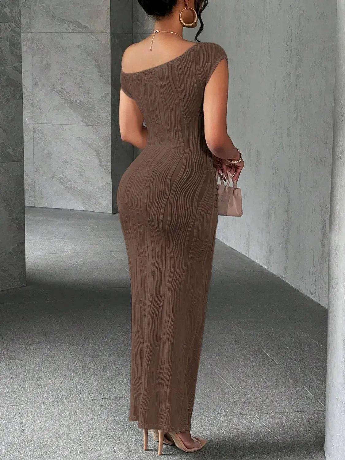Textured Single Shoulder Maxi Dress - GlossiChic CollectionDresses