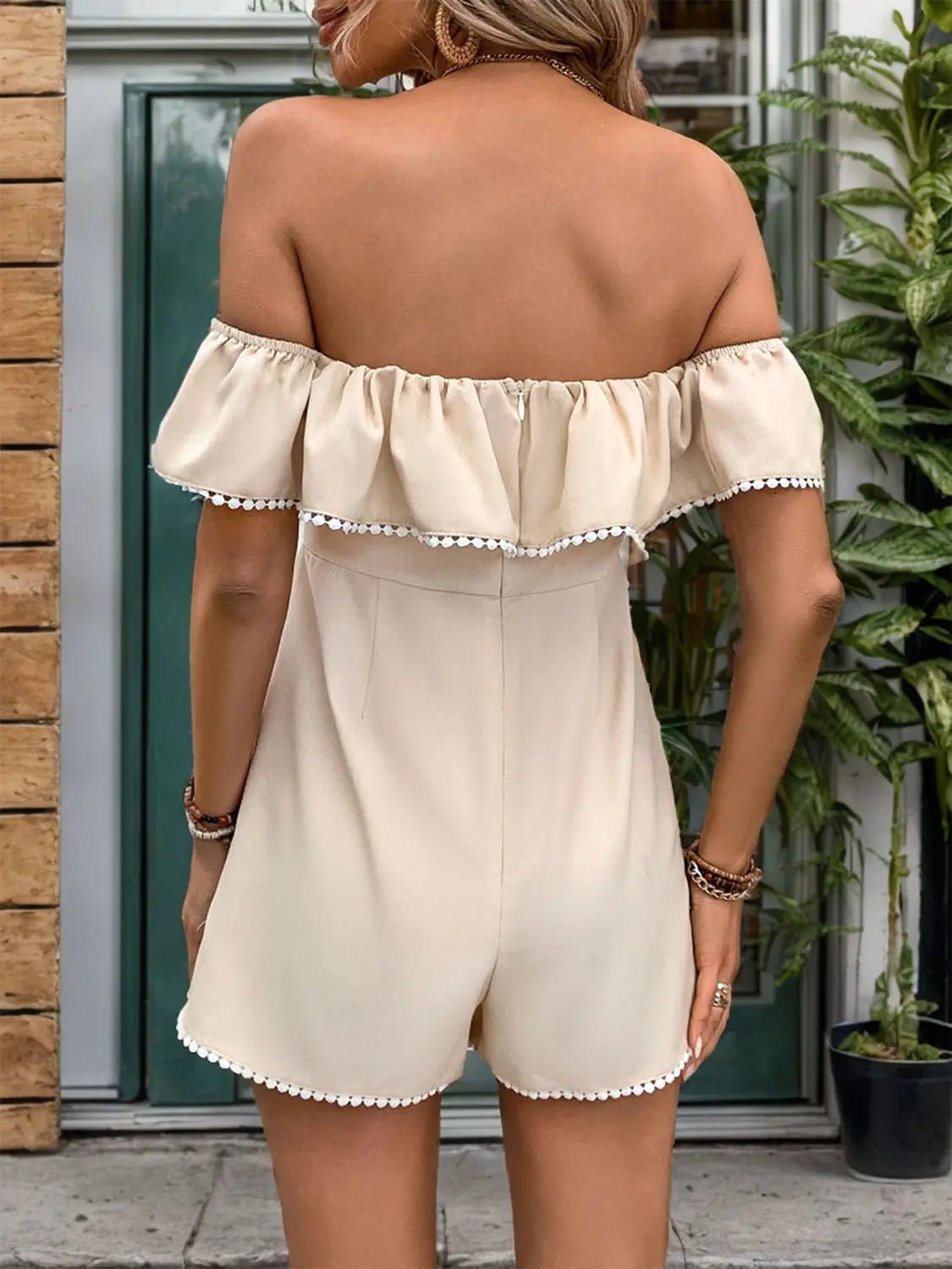 Tied Ruffled Off - Shoulder Short Sleeve Romper - GlossiChic CollectionJumpers & Rompers