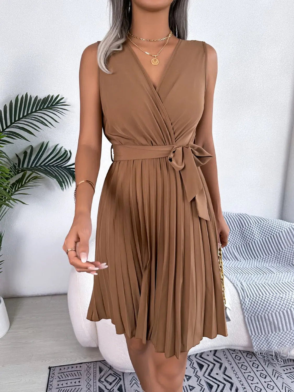 Tied Surplice Sleeveless Pleated Dress - GlossiChic CollectionDresses