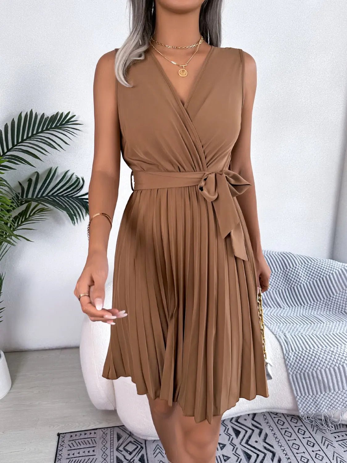 Tied Surplice Sleeveless Pleated Dress - GlossiChic CollectionDresses