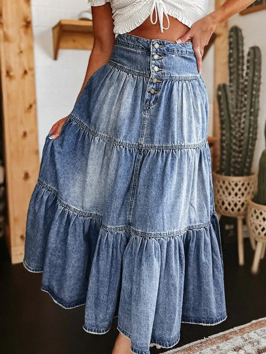 Tiered Button - Fly Denim Skirt - GlossiChic CollectionDresses