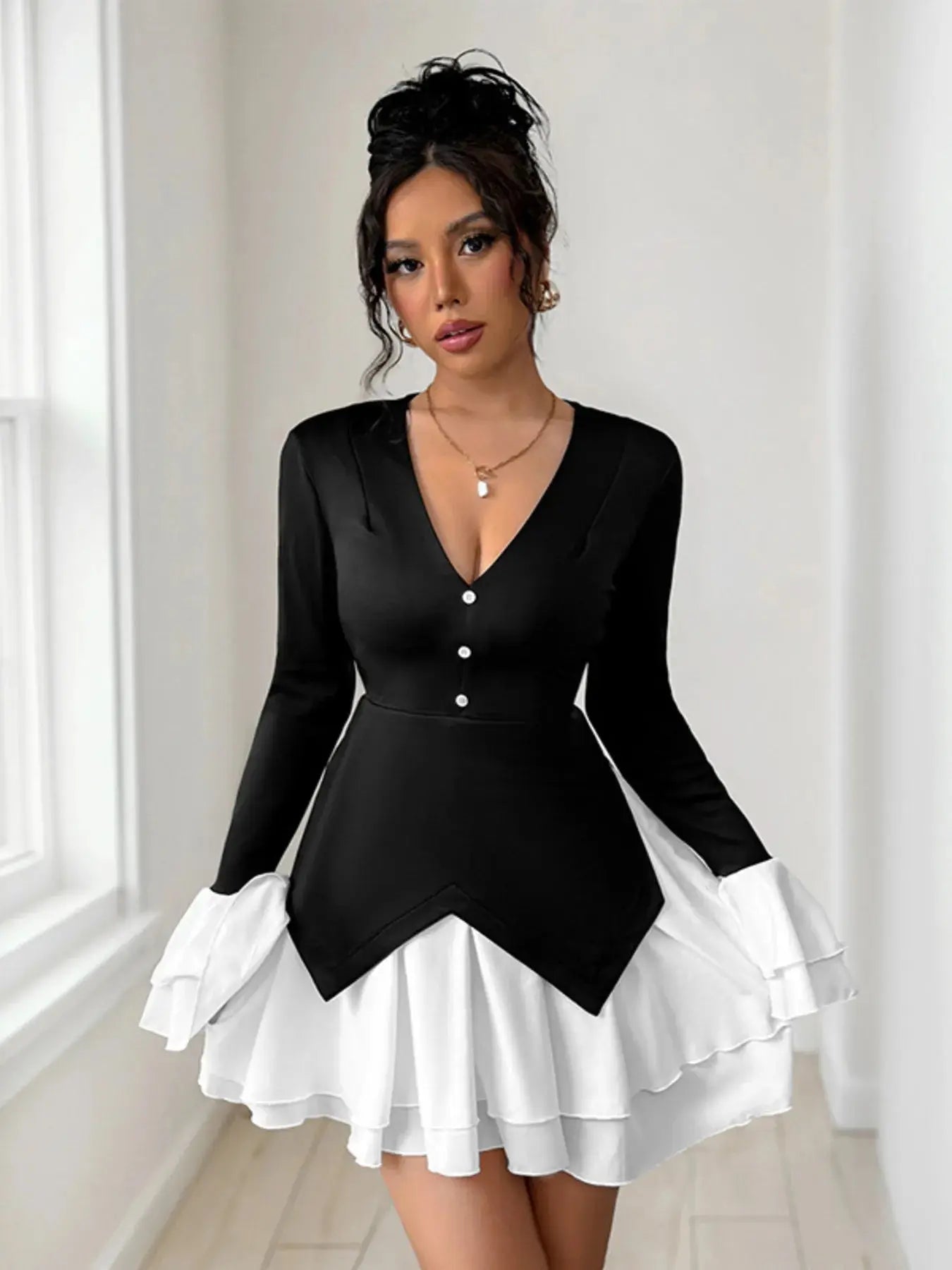 Two Tone V - Neck Long Sleeve Mini Dress - GlossiChic CollectionDresses