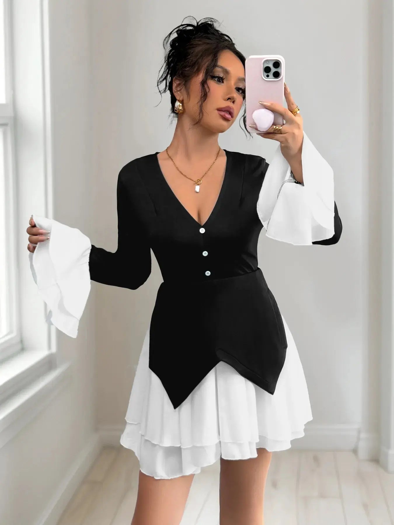 Two Tone V - Neck Long Sleeve Mini Dress - GlossiChic CollectionDresses