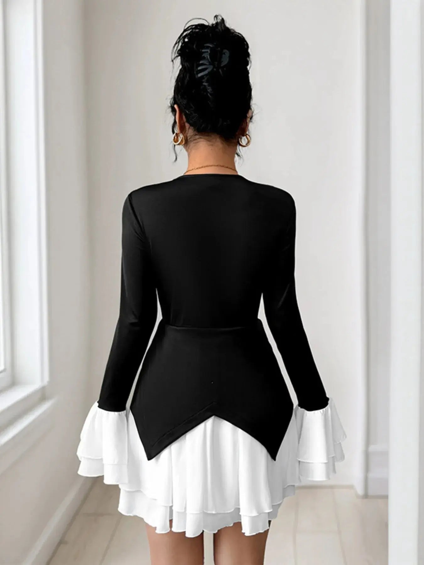 Two Tone V - Neck Long Sleeve Mini Dress - GlossiChic CollectionDresses