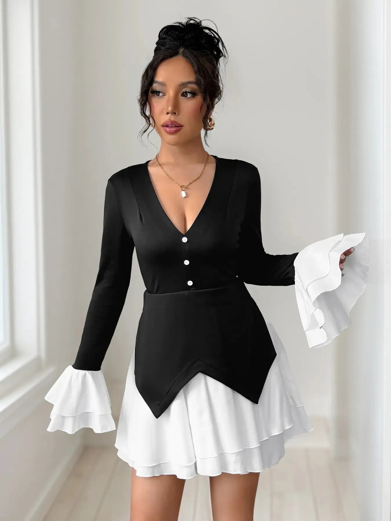 Two Tone V - Neck Long Sleeve Mini Dress - GlossiChic CollectionDresses