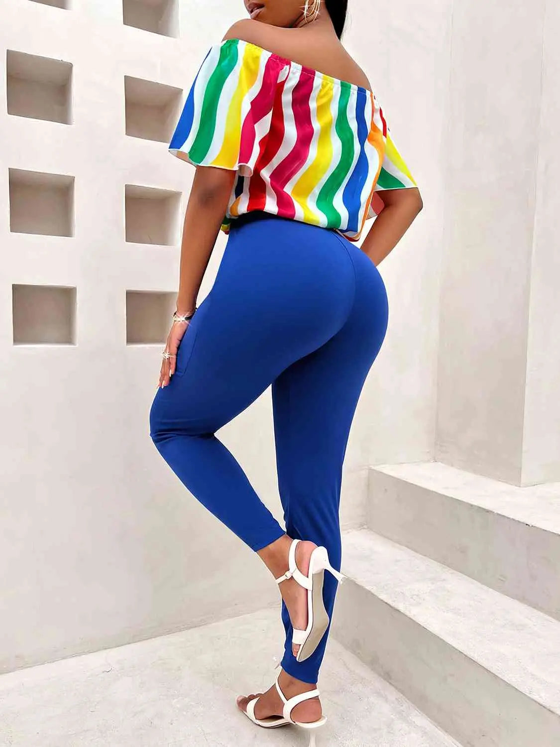 Multicolor Off Shoulder Top and Long Pants Set GlossiChic Collection