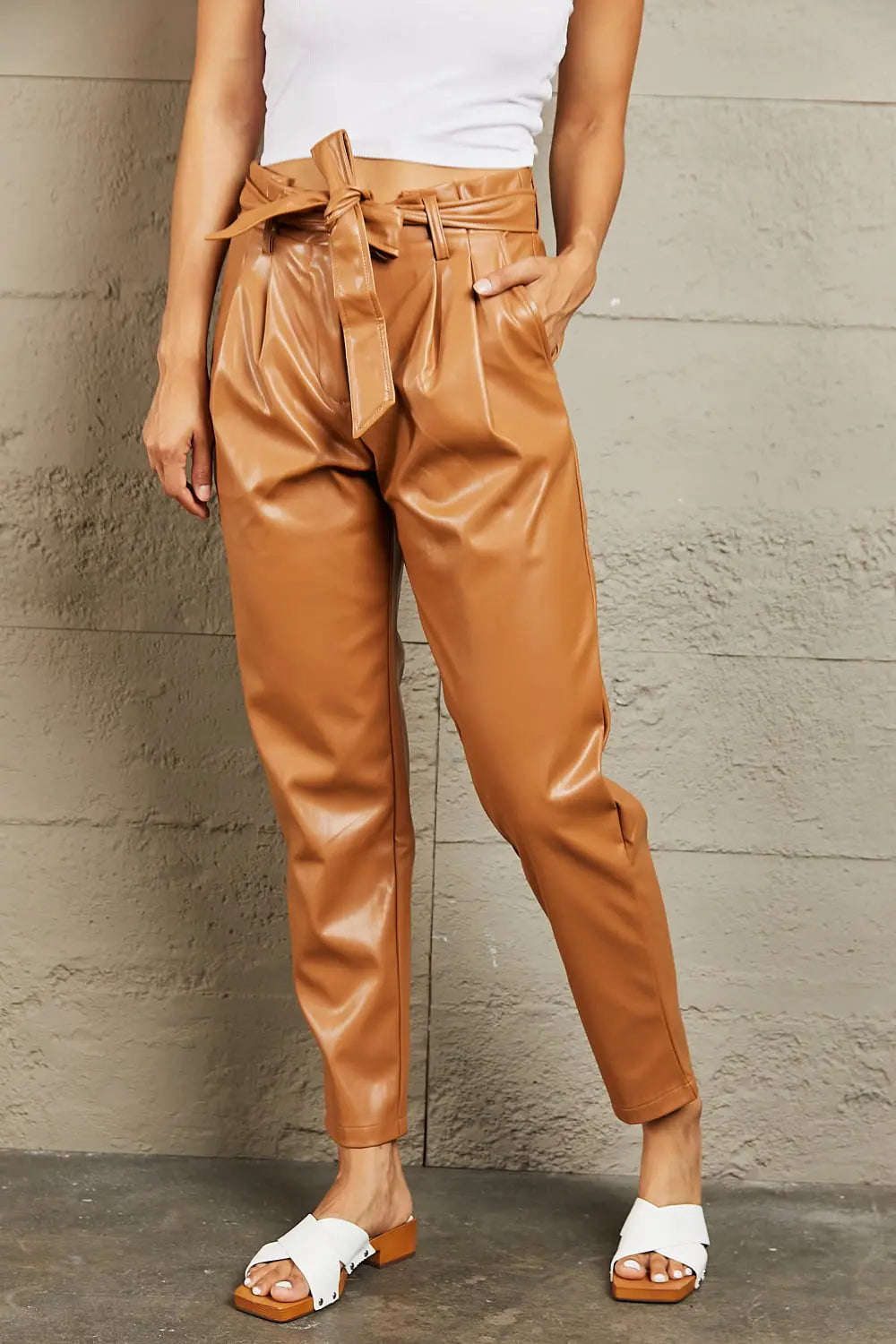 Full Size Faux Leather Waist Pants - GlossiChic Collection