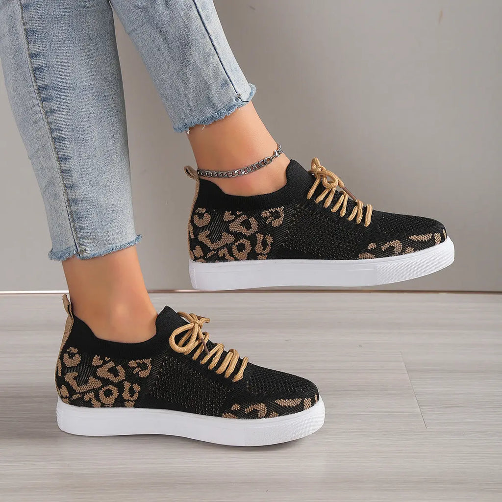 Lace-Up Leopard Flat Sneakers - GlossiChic Collection Black / 36(US5) GlossiChic Collection Shoes & Accessories