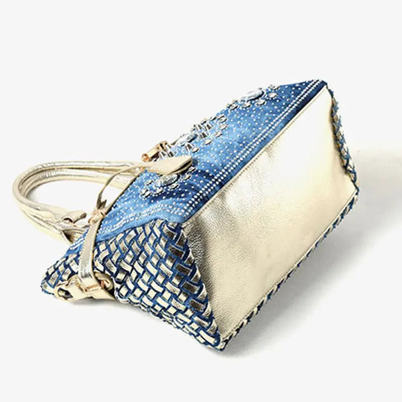 Glass Rhinestone Small Buckle Lock Denim Messenger Bag GlossiChic Collection