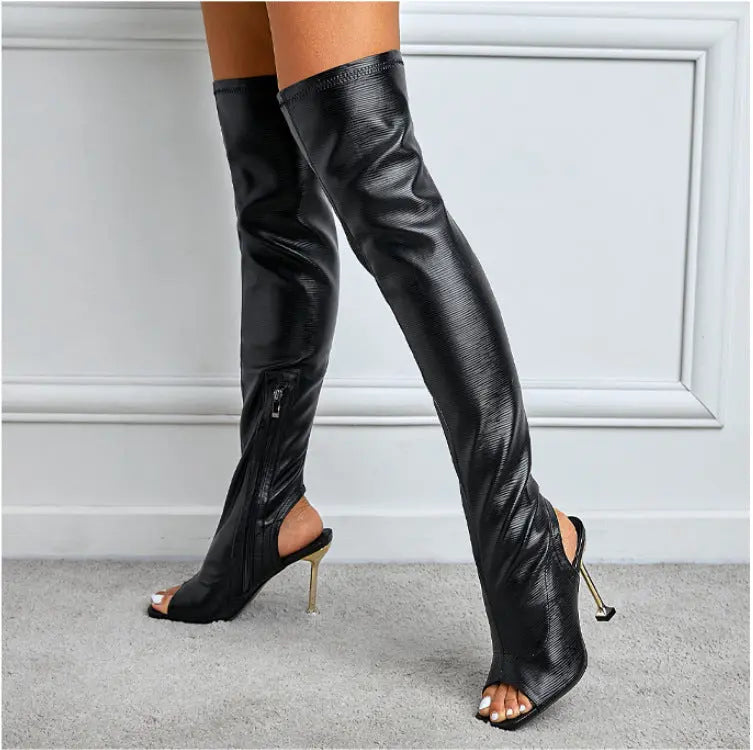 Womens Square Toe Cutout Over Knee Side Zip Cool Boots GlossiChic Collection