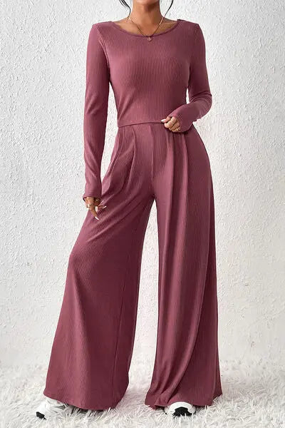 Ribbed Round Neck Top and Wide-Leg Pants Set GlossiChic Collection