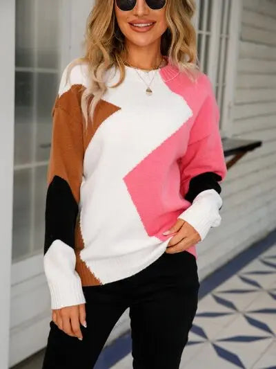 Color Block Round Neck Dropped Shoulder Sweater GlossiChic Collection